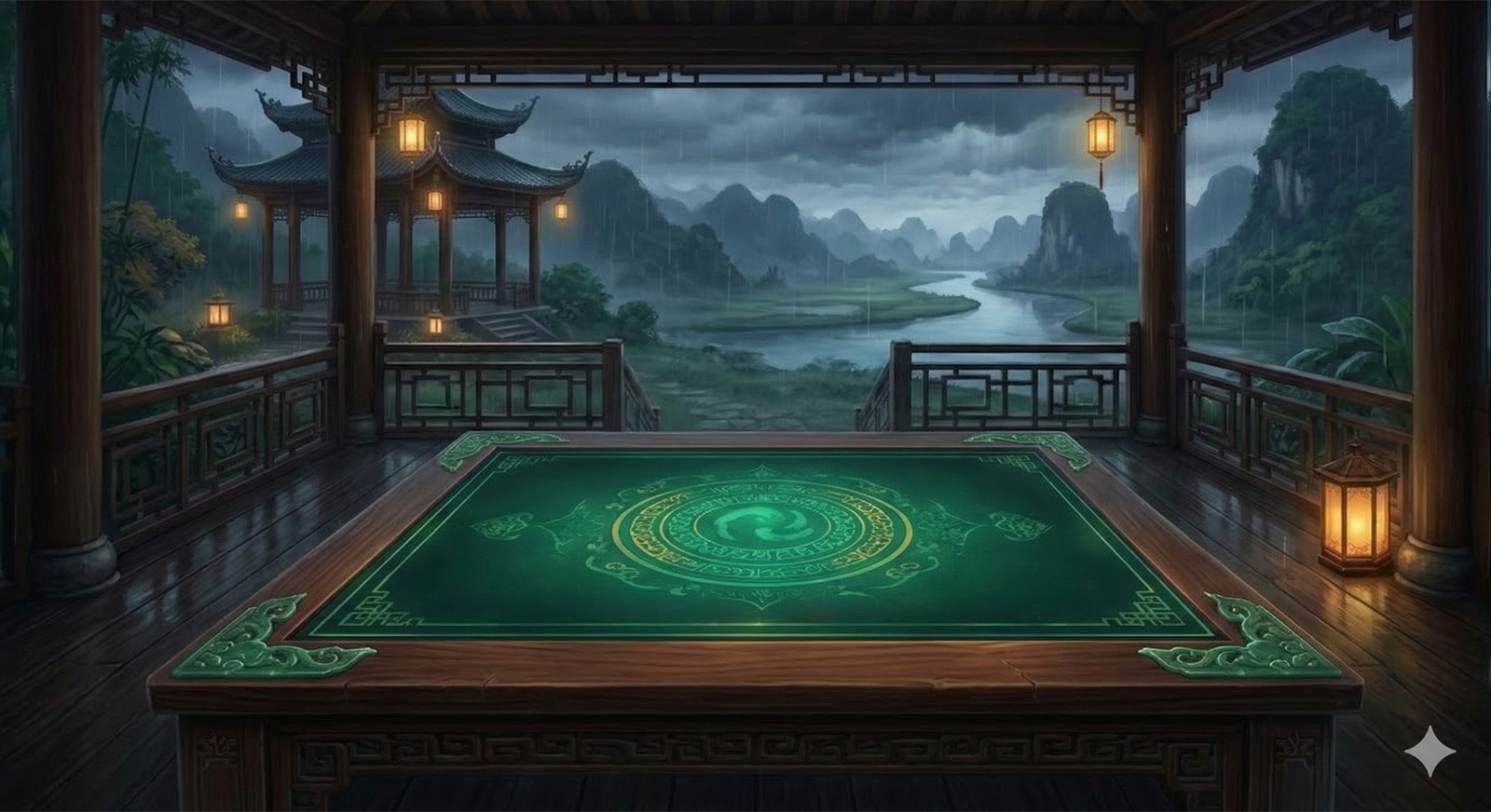 Monsoon — a card table scene with lanterns and mountains